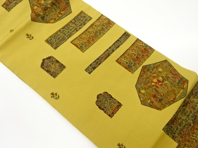 縮緬地変わり横段に人物・草花模様名古屋帯